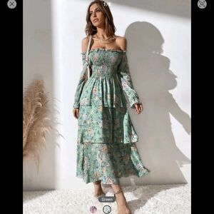 Floral Green Off-Shoulder Dress